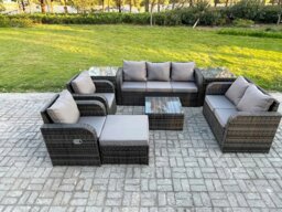 Rackhams 8 Seater Garden Furniture Set Rattan Outdoor Lounge Sofa Chair With Tempered Glass Table 2 Side Tables Big Footstool Dark Grey Mixed - thumbnail 2