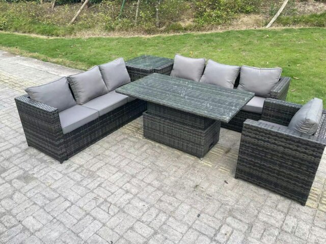 Rackhams 7 Seater Wicker PE Garden Furniture Rattan Sofa Set Outdoor Adjustable Rising Lifting Dining Table Set with Armchair Side Table Dark Grey Mixed - image 1