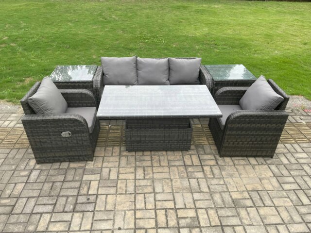 Rackhams Outdoor Rattan Furniture Garden Dining Sets Height Adjustable Rising lifting Table Sofa Set With Chairs Side Tables - image 1