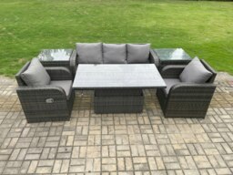 Rackhams Outdoor Rattan Furniture Garden Dining Sets Height Adjustable Rising lifting Table Sofa Set With Chairs Side Tables - thumbnail 1