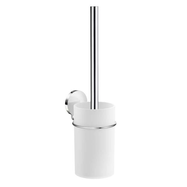 Rackhams Chrome Stainless Steel Toilet Brush and White Plastic Holder Self Adhesive Bathroom Wall Mounted