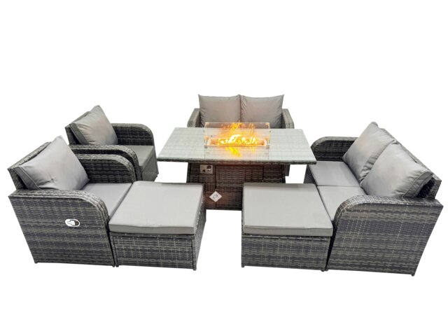 Rackhams 8 seater Patio Gas Firpit Dining Table Sofa Sets Rattan Garden Furniture Dining Set with 2 Big Stools Dark Grey Mixed - image 1