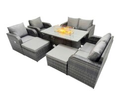 Rackhams 8 seater Patio Gas Firpit Dining Table Sofa Sets Rattan Garden Furniture Dining Set with 2 Big Stools Dark Grey Mixed - thumbnail 2