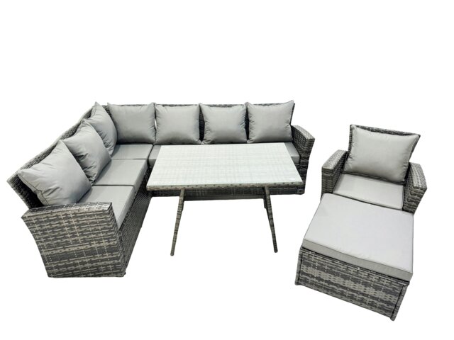 Rackhams 8 Seater High Back Rattan Garden Furniture Set Corner Sofa With Oblong Dining Table Footstool With Arm Chair - image 1