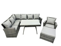 Rackhams 8 Seater High Back Rattan Garden Furniture Set Corner Sofa With Oblong Dining Table Footstool With Arm Chair - thumbnail 1