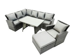 Rackhams 8 Seater High Back Rattan Garden Furniture Set Corner Sofa With Oblong Dining Table Footstool With Arm Chair - thumbnail 2