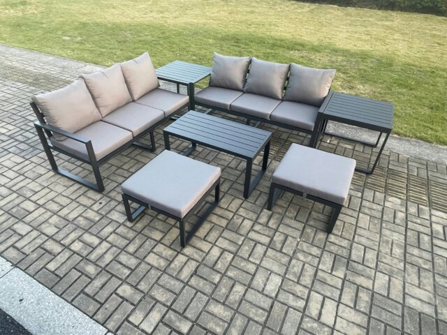 Rackhams Aluminium Patio Outdoor Garden Furniture Lounge Sofa Set with Oblong Coffee Table 2 Big Footstools 2 Side Tables Dark Grey - image 1
