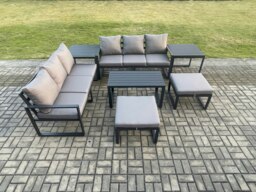 Rackhams Aluminium Patio Outdoor Garden Furniture Lounge Sofa Set with Oblong Coffee Table 2 Big Footstools 2 Side Tables Dark Grey - thumbnail 2