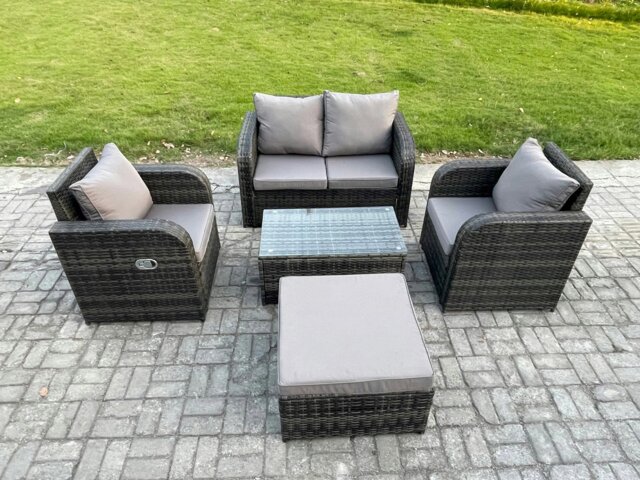 Rackhams 5 PC Outdoor PE Rattan Garden Furniture Set Wicker Love Sofa Coffee Table 2 Armchair Big Footstool Dark Grey Mixed - image 1