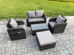 Rackhams 5 PC Outdoor PE Rattan Garden Furniture Set Wicker Love Sofa Coffee Table 2 Armchair Big Footstool Dark Grey Mixed - thumbnail 2