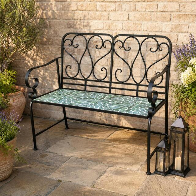 Rackhams Leaf Mosaic 2 Seater Garden Bench, 112cm Outdoor Patio Seat with Ceramic Tile Seat, Scrollwork Backrest & Metal Frame - image 1