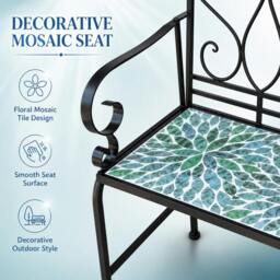 Rackhams Leaf Mosaic 2 Seater Garden Bench, 112cm Outdoor Patio Seat with Ceramic Tile Seat, Scrollwork Backrest & Metal Frame - thumbnail 5