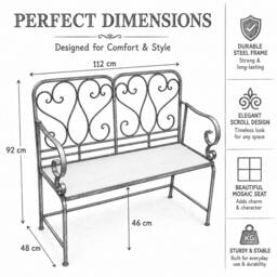 Rackhams Leaf Mosaic 2 Seater Garden Bench, 112cm Outdoor Patio Seat with Ceramic Tile Seat, Scrollwork Backrest & Metal Frame - thumbnail 4