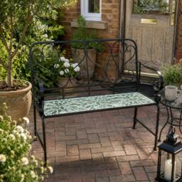 Rackhams Leaf Mosaic 2 Seater Garden Bench, 112cm Outdoor Patio Seat with Ceramic Tile Seat, Scrollwork Backrest & Metal Frame - thumbnail 2