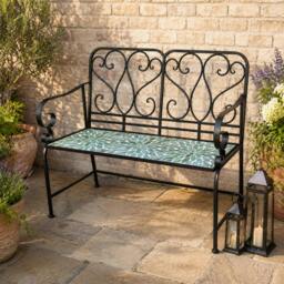 Rackhams Leaf Mosaic 2 Seater Garden Bench, 112cm Outdoor Patio Seat with Ceramic Tile Seat, Scrollwork Backrest & Metal Frame - thumbnail 1