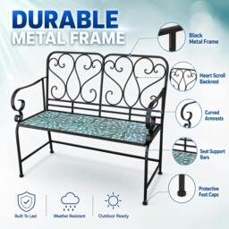 Rackhams Leaf Mosaic 2 Seater Garden Bench, 112cm Outdoor Patio Seat with Ceramic Tile Seat, Scrollwork Backrest & Metal Frame - thumbnail 6
