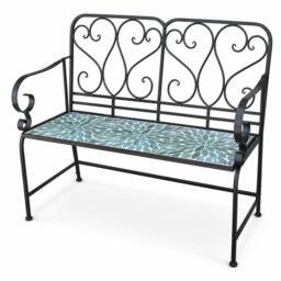 Rackhams Leaf Mosaic 2 Seater Garden Bench, 112cm Outdoor Patio Seat with Ceramic Tile Seat, Scrollwork Backrest & Metal Frame - thumbnail 3