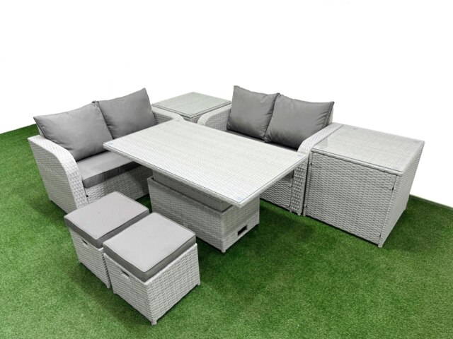 Rackhams 6-Seater Light Grey Outdoor Rattan Love Sofa Set - Adjustable Coffee/Dining Table, 2 Footstools, 2 Side Tables - image 1