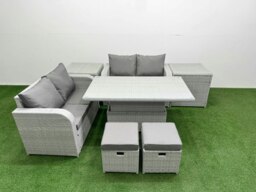 Rackhams 6-Seater Light Grey Outdoor Rattan Love Sofa Set - Adjustable Coffee/Dining Table, 2 Footstools, 2 Side Tables - thumbnail 2