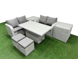 Rackhams 6-Seater Light Grey Outdoor Rattan Love Sofa Set - Adjustable Coffee/Dining Table, 2 Footstools, 2 Side Tables - thumbnail 1