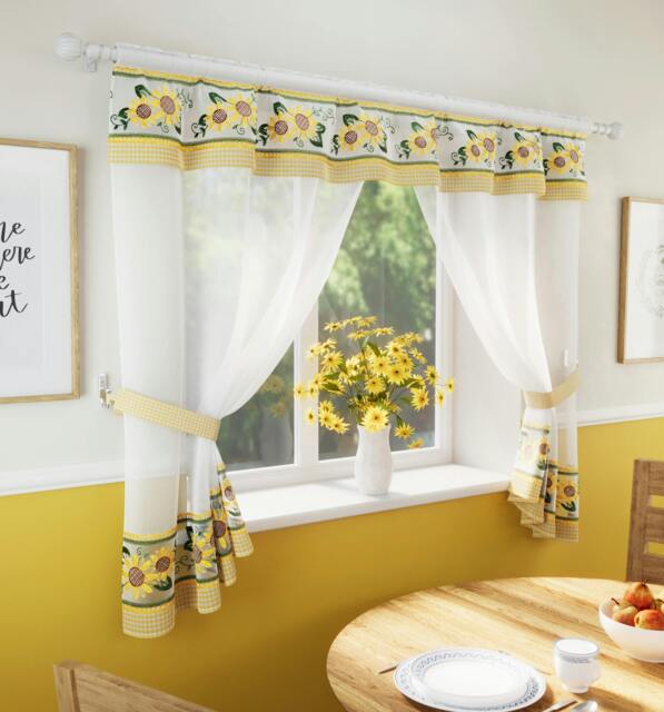 "Rackhams Floral Embroidery Kitchen Curtains Window Sets with Matching Tie Backs - Yellow - 98"" (249cm) Width x 42"" (107cm) Drop" - image 1