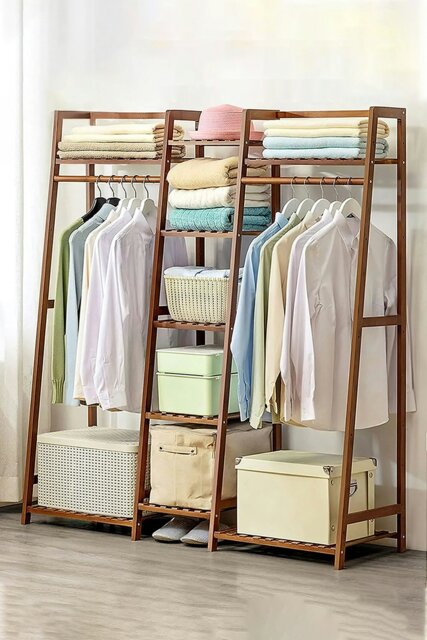 Rackhams Multi-Functional Clothes Hanging Rack Coat Garment Rack 7 Tier Storage Shelf - Brown - image 1