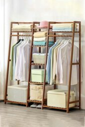 Rackhams Multi-Functional Clothes Hanging Rack Coat Garment Rack 7 Tier Storage Shelf - Brown - thumbnail 1