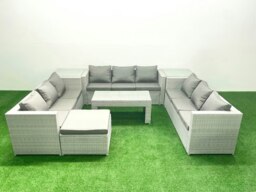 Rackhams Rattan Garden Outdoor Furniture Set 10 Seater Garden Sofa Oblong Coffee Table Set with Big Footstool 2 Side Tables Light Grey Mixed - thumbnail 1