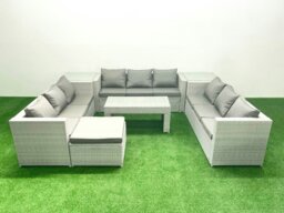 Rackhams Rattan Garden Outdoor Furniture Set 10 Seater Garden Sofa Oblong Coffee Table Set with Big Footstool 2 Side Tables Light Grey Mixed - thumbnail 2