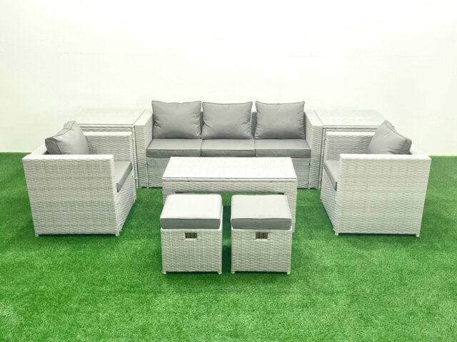 Rackhams Rattan Garden Furniture Set 7 Seater Outdoor Garden Sofa Oblong Coffee Table Set with 2 Chairs 2 Stools 2 Side Tables Light Grey Mixed - image 1