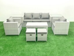 Rackhams Rattan Garden Furniture Set 7 Seater Outdoor Garden Sofa Oblong Coffee Table Set with 2 Chairs 2 Stools 2 Side Tables Light Grey Mixed - thumbnail 2