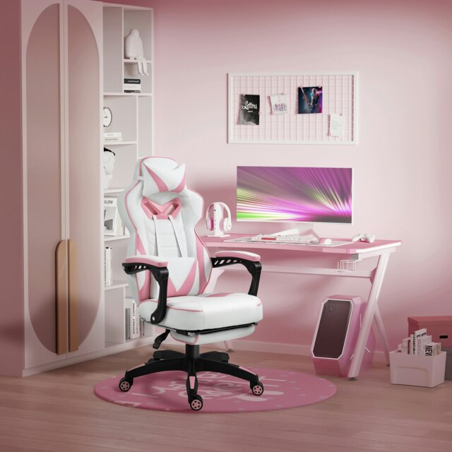 Rackhams Gaming Chair Ergonomic Reclining Manual Footrest Wheels Stylish White - Pink