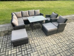 Rackhams High Back Outdoor Garden Furniture Set Rattan Corner Sofa Dining Table Set With 2 Big Footstool 2 Armchairs Dark Grey Mixed - thumbnail 2