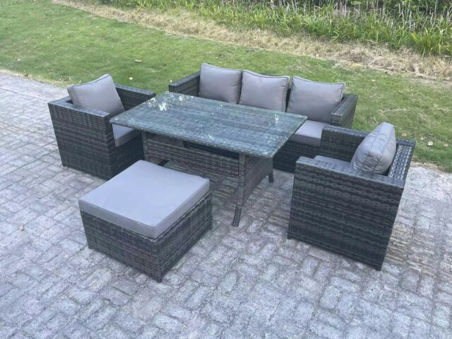 Rackhams 6 Seater PE Wicker Rattan Garden Furniture Set Lounge Sofa Chair and Rectangular Dining Table Set Big Footstools Dark Grey Mixed - image 1