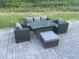 Rackhams 6 Seater PE Wicker Rattan Garden Furniture Set Lounge Sofa Chair and Rectangular Dining Table Set Big Footstools Dark Grey Mixed - thumbnail 2