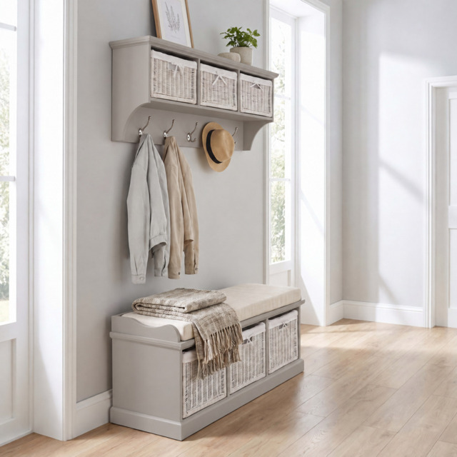 Rackhams Tetbury Large Hallway Set with Storage Baskets and Cushion Seat - Truffle, Beige - image 1