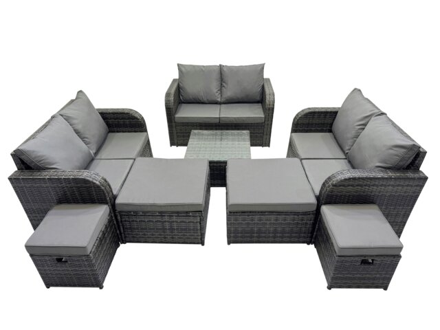 Rackhams Rattan Garden Outdoor Furniture Set Love Sofa Square Coffee Table Set with 4 Stools Dark Grey Mixed - image 1