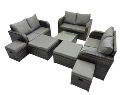 Rackhams Rattan Garden Outdoor Furniture Set Love Sofa Square Coffee Table Set with 4 Stools Dark Grey Mixed - thumbnail 2
