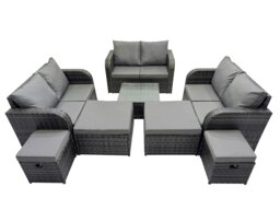 Rackhams Rattan Garden Outdoor Furniture Set Love Sofa Square Coffee Table Set with 4 Stools Dark Grey Mixed - thumbnail 1