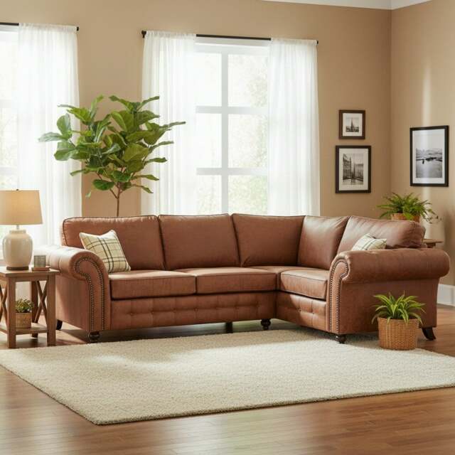 Rackhams Oakland 4 Seater Leather Corner Sofa Chesterfield Style - Tan - Right Hand Facing - image 1