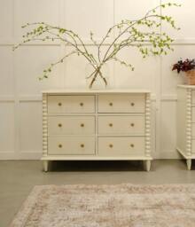 Rackhams Cromwell Large 6 Drawer Chest of Drawers with Bobbin Design - Linen, Cream - thumbnail 1