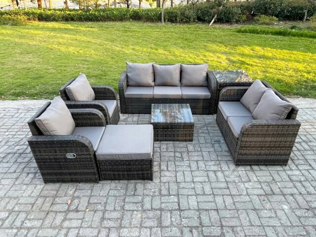 Rackhams 8 Seater Garden Furniture Set Rattan Outdoor Lounge Sofa Chair With Tempered Glass Table Big Footstool Side Table Dark Grey Mixed - image 1