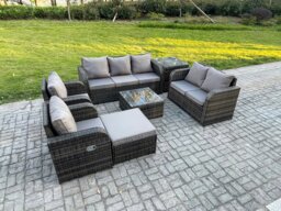 Rackhams 8 Seater Garden Furniture Set Rattan Outdoor Lounge Sofa Chair With Tempered Glass Table Big Footstool Side Table Dark Grey Mixed - thumbnail 2