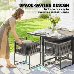Rackhams 4-Seater Garden Dining Set with Space-Saving Chairs, Black - Steel, DPC, PE rattan, Polyester - Grey, black - 5-piece set - thumbnail 4