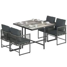 Rackhams 4-Seater Garden Dining Set with Space-Saving Chairs, Black - Steel, DPC, PE rattan, Polyester - Grey, black - 5-piece set - thumbnail 2