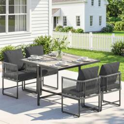 Rackhams 4-Seater Garden Dining Set with Space-Saving Chairs, Black - Steel, DPC, PE rattan, Polyester - Grey, black - 5-piece set