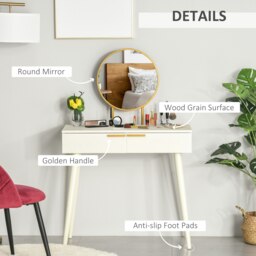 Rackhams Modern Dressing Table w/ 2 Drawers Round Mirror for Bedroom White - White - 80cm x 40cm x 123cm - thumbnail 6