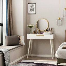Rackhams Modern Dressing Table w/ 2 Drawers Round Mirror for Bedroom White - White - 80cm x 40cm x 123cm