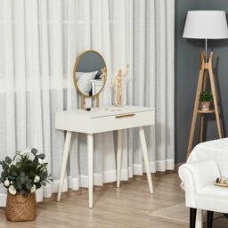 Rackhams Modern Dressing Table w/ 2 Drawers Round Mirror for Bedroom White - White - 80cm x 40cm x 123cm - thumbnail 1