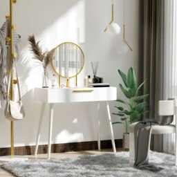 Rackhams Modern Dressing Table w/ 2 Drawers Round Mirror for Bedroom White - White - 80cm x 40cm x 123cm - thumbnail 3